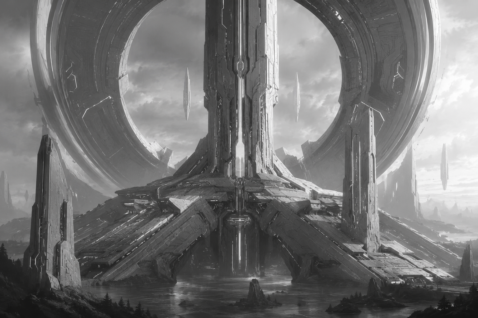 A monumental superstructure: a central monolith spire rising into a vast ring arch over still water.